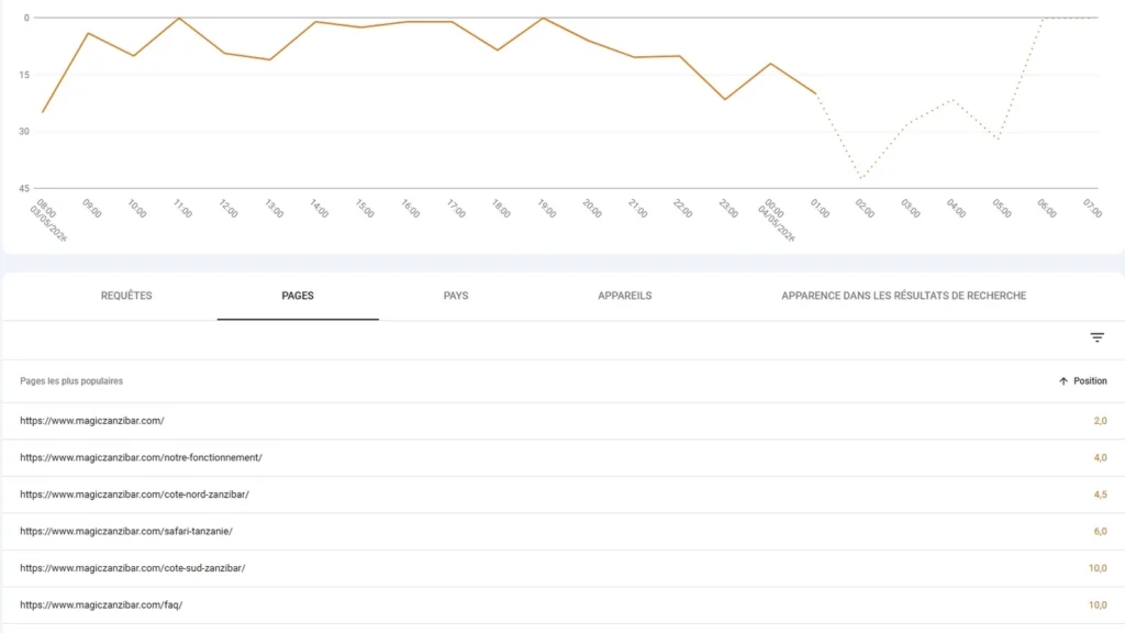 Résultats SEO Magic Zanzibar Google Search Console positions et visibilité
